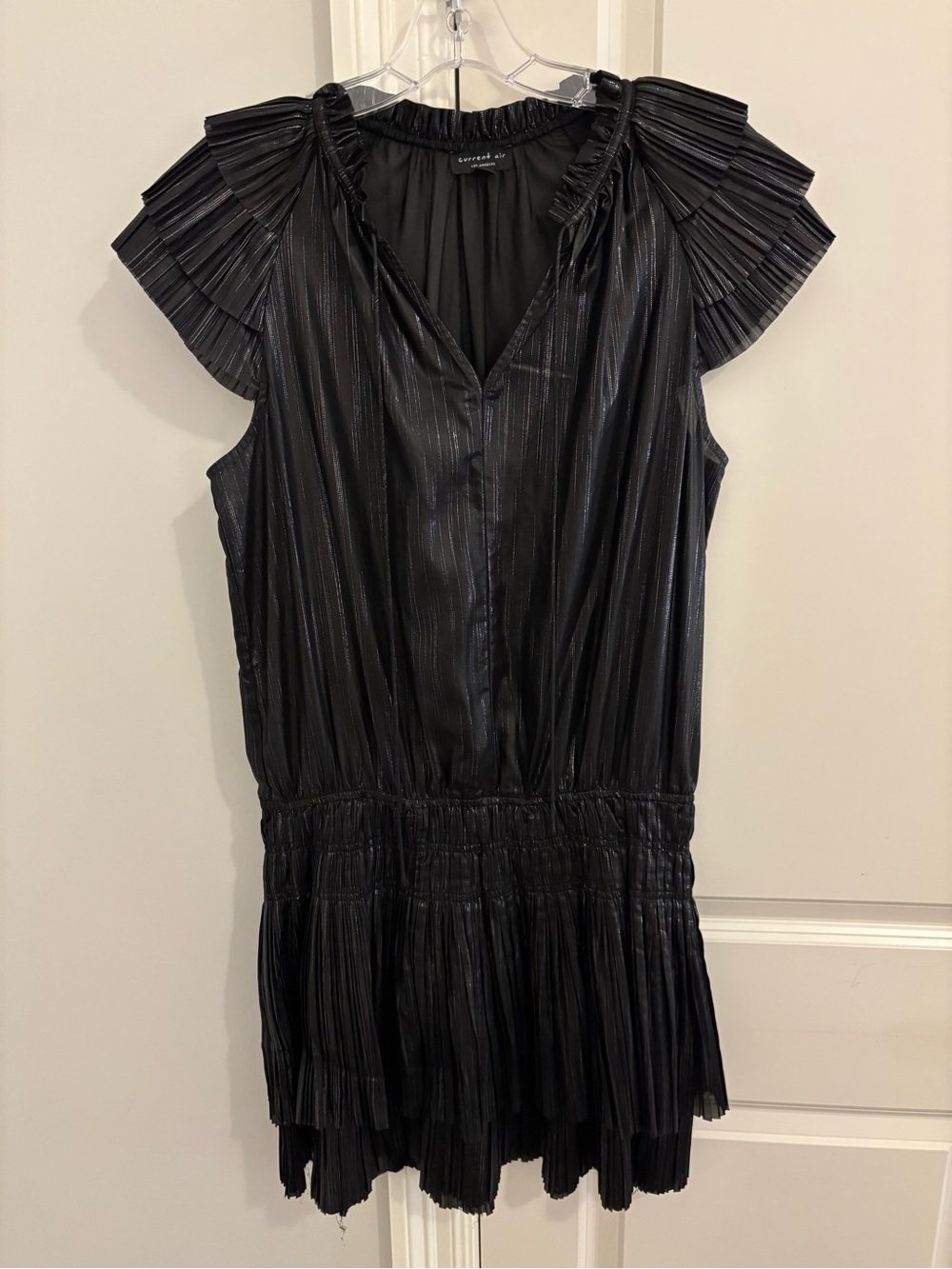 Current Air Black Pleated Mini Dress with Ruffle Shoulders